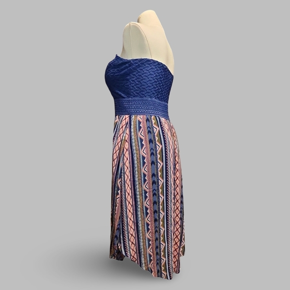 No Boundaries Strapless Hi-Low Boho Dress XL Blue Pink Geometric Knit Midi Dress - Picture 3 of 10